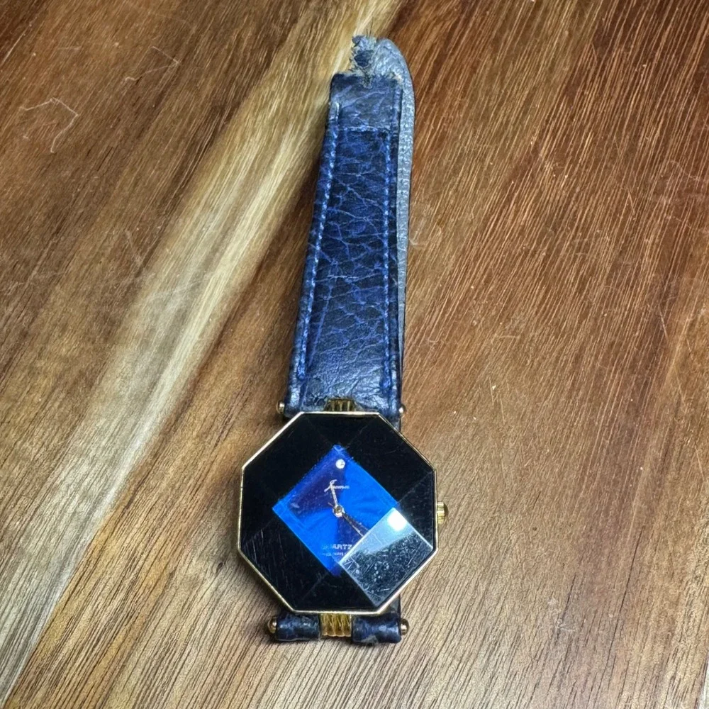 Vintage Fromor Octagonal Quartz Watch Blue Dial Swiss Leather Strap For Parts